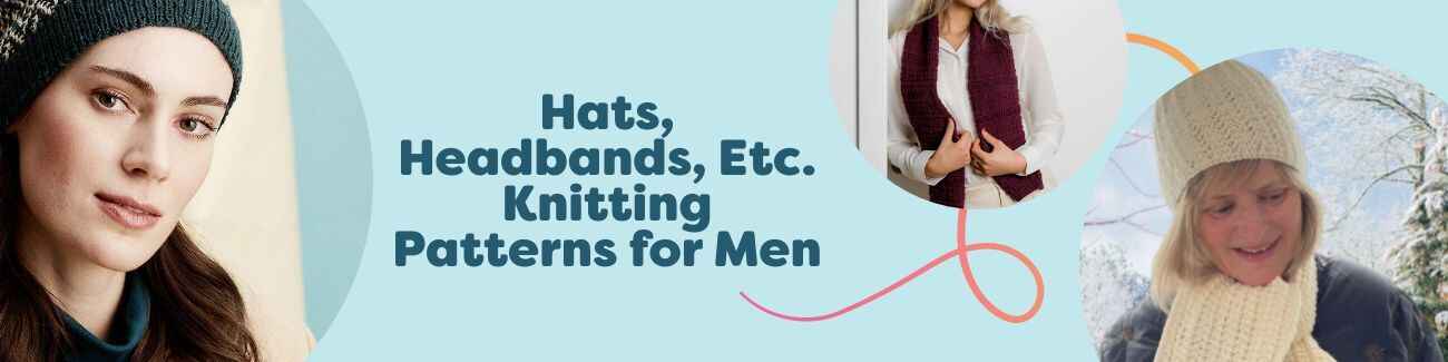 Free men’s knit hats, headbands, and scarf sets from Hobbii shown on male models in neutral yarns.