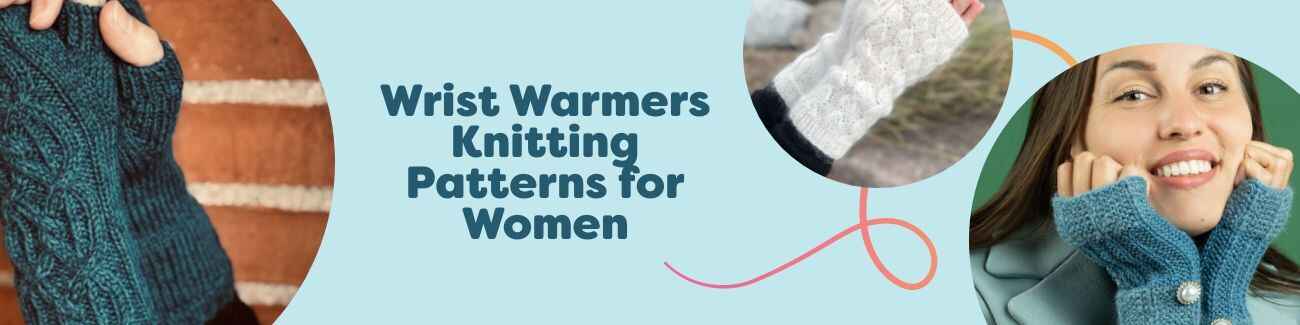 Collection of women's wrist warmers knitting patterns from Hobbii, shown in neutral and teal tones with textured stitches and Nordic-inspired motifs.