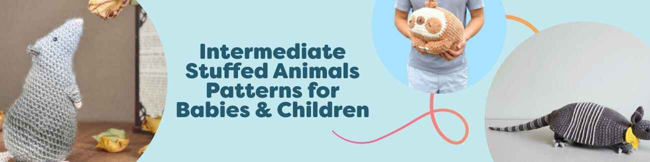 A curated grid of intermediate stuffed animal crochet patterns for babies and children, featuring amigurumi toys like an octopus, giant sloth, armadillo, rat, and pterodactyl in soft, kid-friendly colors.