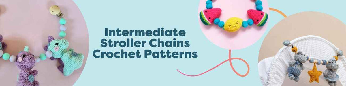 Five intermediate stroller chain crochet patterns by Hobbii featuring dinosaur, kawaii fruit, strawberry, elephant, and character pram chains.
