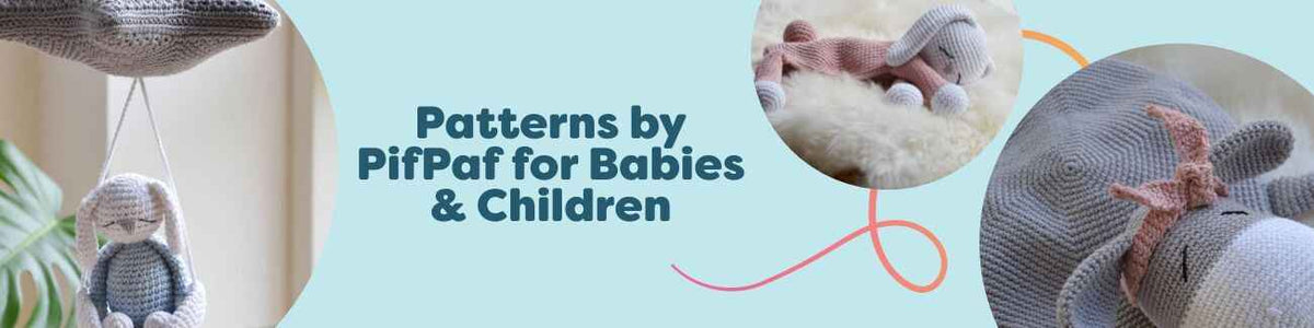 Collage of PifPaf patterns for babies and children from Hobbii, featuring crochet baby comforters, soft toys, and a hanging mobile in pastel yarns.