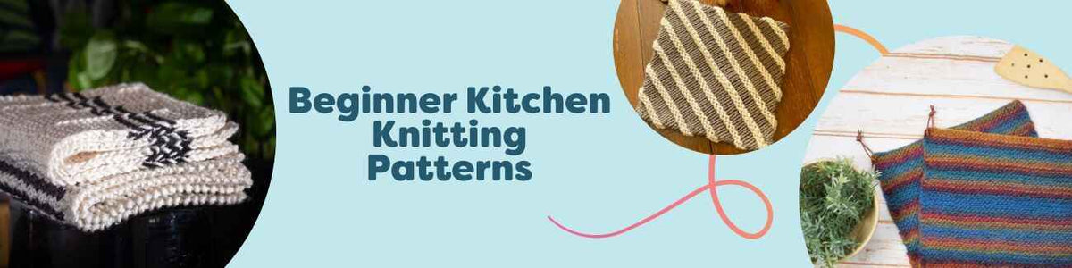 Flatlay of beginner-friendly knitted kitchen projects—textured dishcloths, potholders, and a towel in cotton yarns—styled on a countertop.