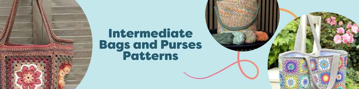 Assortment of intermediate crochet bag and purse patterns from Hobbii, including tote, crossbody, and beach bags in various colors, shown with yarn and hooks.