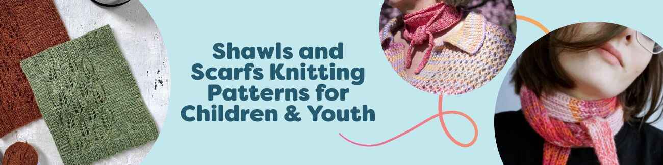 Children and teens wearing hand-knit scarves, shawls, and cozy cowls in bright and pastel yarns; kid-sized accessories from Hobbii knitting patterns.