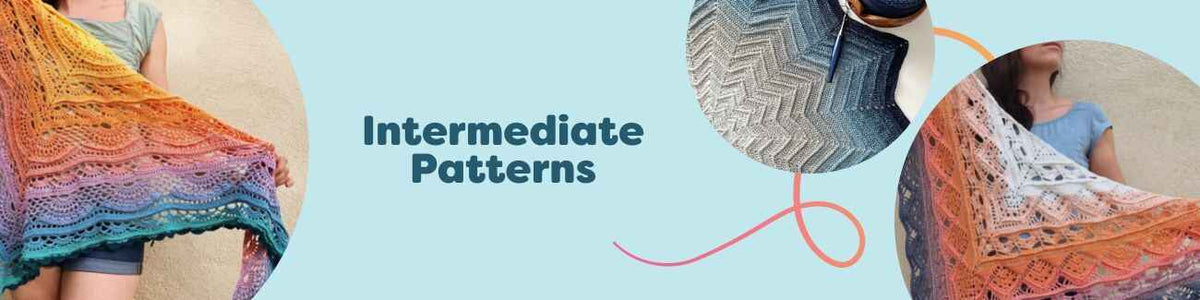 Selection of intermediate knitting and crochet patterns from Hobbii, featuring shawls, blankets, and baby blankets in colorful yarns.