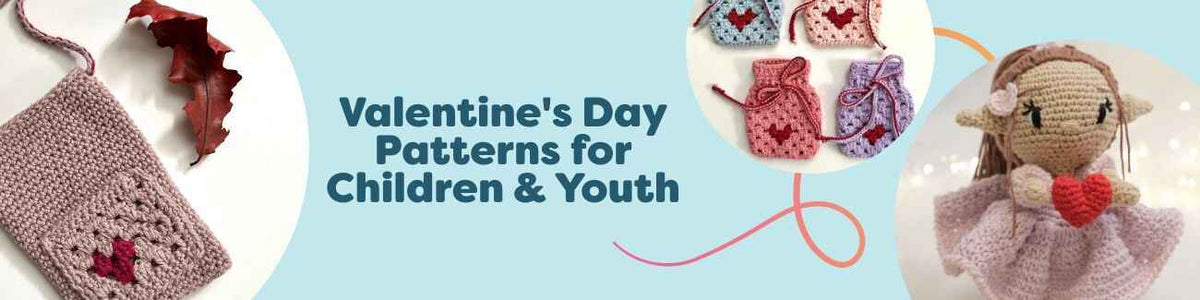 Collage of Valentine's Day crochet patterns for children and youth, including a heart mini bag, phone bag, pouch, earrings, and a cute doll made with pink and red Hobbii yarns.
