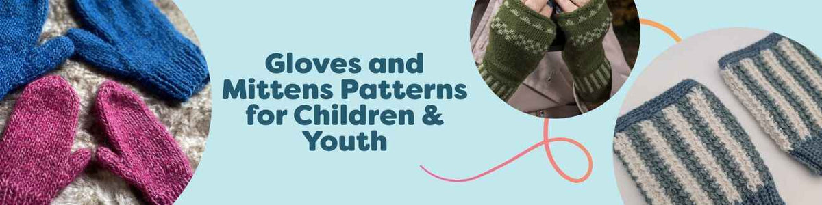 Assorted children’s knit and crochet mittens and fingerless gloves in bright colors, sized for toddlers to teens, styled with Hobbii yarn.