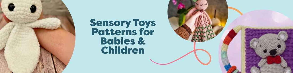 Assortment of handmade crochet sensory toys for babies and children—loveys, a bunny comforter, a sunshine softie, and a quiet book—crafted with Hobbii yarn.