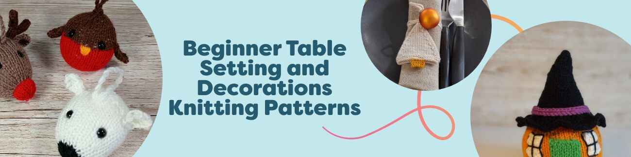 Assorted beginner-friendly knitted table settings and holiday decorations, including pumpkins, acorns, and ornaments, made with Hobbii yarns.