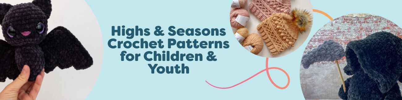 Kids and youth seasonal crochet patterns from Hobbii: amigurumi toys (bat, tarantula), cozy beanies, and wearable accessories.