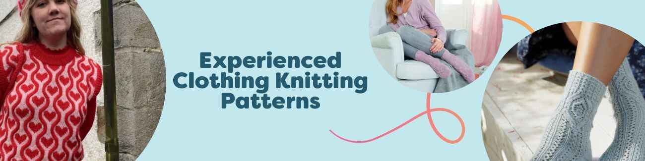 Flat lay of free advanced clothing knitting patterns from Hobbii: cable socks, diamond and cross‑rib textures, and a vest in neutral yarns, showing stitch detail.