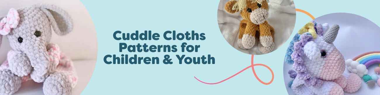 Assorted animal lovey crochet cuddle cloth patterns for children and youth—elephant, unicorn, highland cow, crocodile, and sloth—made with soft Hobbii yarn.