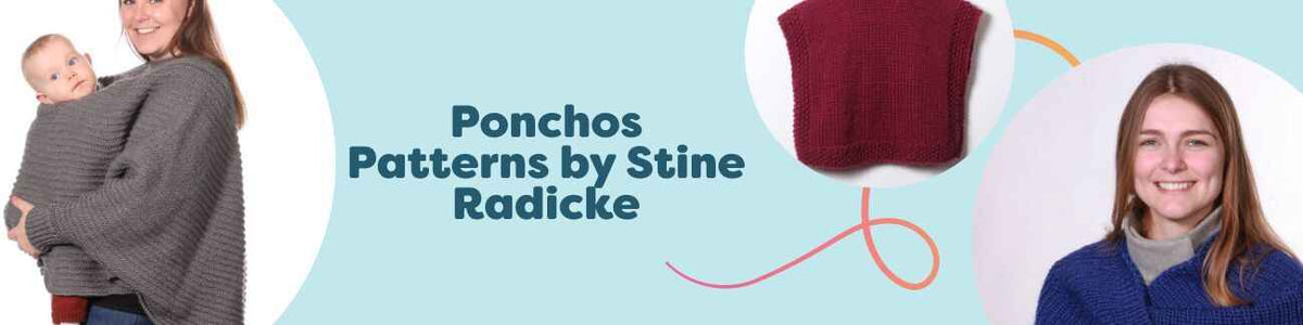 Selection of knit and crochet ponchos and a wrap by Stine Radicke for Hobbii, styled on models in cozy neutrals.