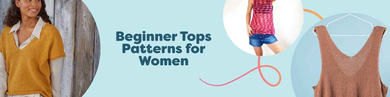 Grid of free beginner women's top patterns from Hobbii—tanks, vests, tees, and summer tops in knit and crochet, shown in soft yarn colors.