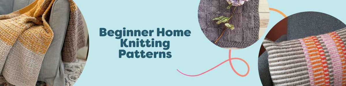 Assortment of beginner home knitting patterns featuring cozy blankets and pillows styled in a living room, ideal for first-time knitters.