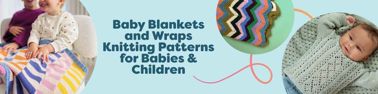 Assortment of hand-knit baby blankets and swaddle wraps in soft pastel yarns for newborns and toddlers, featured as free knitting patterns by Hobbii.
