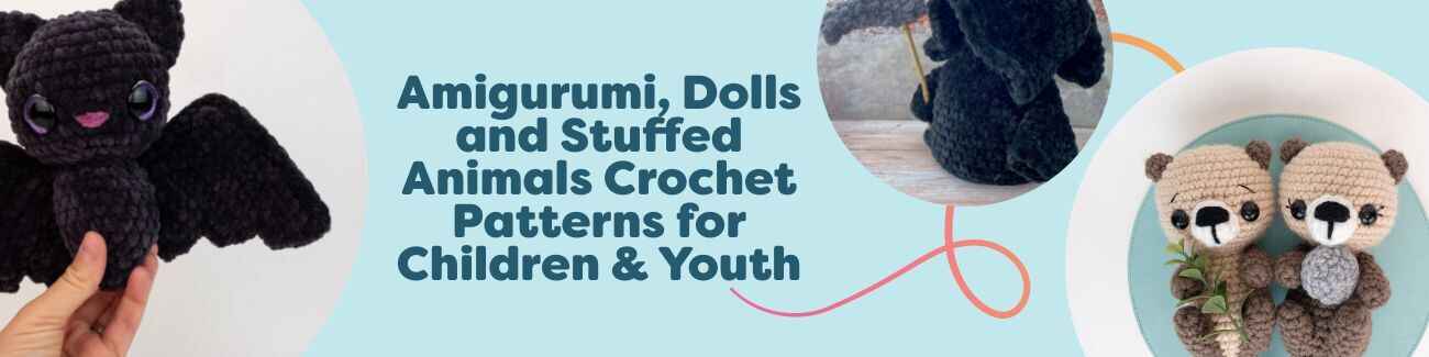 Assorted amigurumi and crochet dolls for kids—bat, otters, mega ray, and flamingo—made with soft Hobbii yarn.