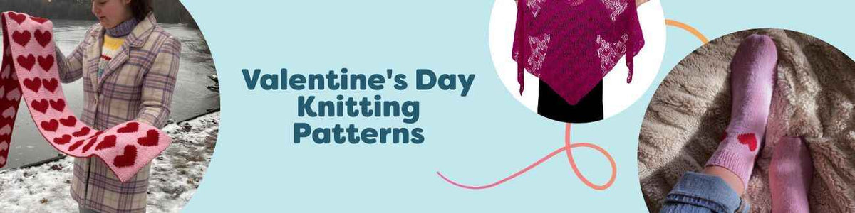Hobbii Valentine’s Day knitting collection with heart‑themed scarves, shawls, socks, beanies, and a wine bottle sweater in red and pink tones.
