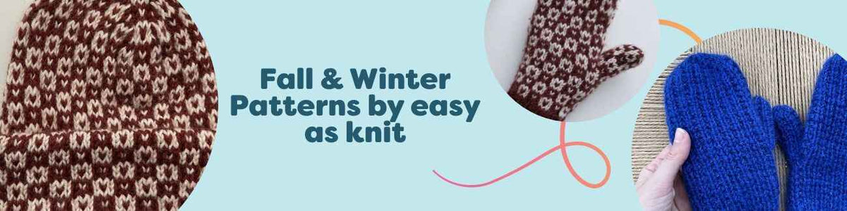Fall & Winter Patterns by easy as knit at Hobbii: knitted beanies, mittens, and a cozy sweater in warm hues, styled for cold‑weather layering.