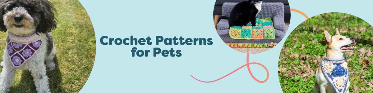 Assorted free crochet patterns for pets from Hobbii: dog bandanas, a dog jumper, and a cozy cat house made with soft yarns.