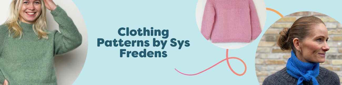 Collection of Sys Fredens knit and Tunisian crochet clothing patterns from Hobbii featuring sweaters, shawls, scarves, and children’s designs.
