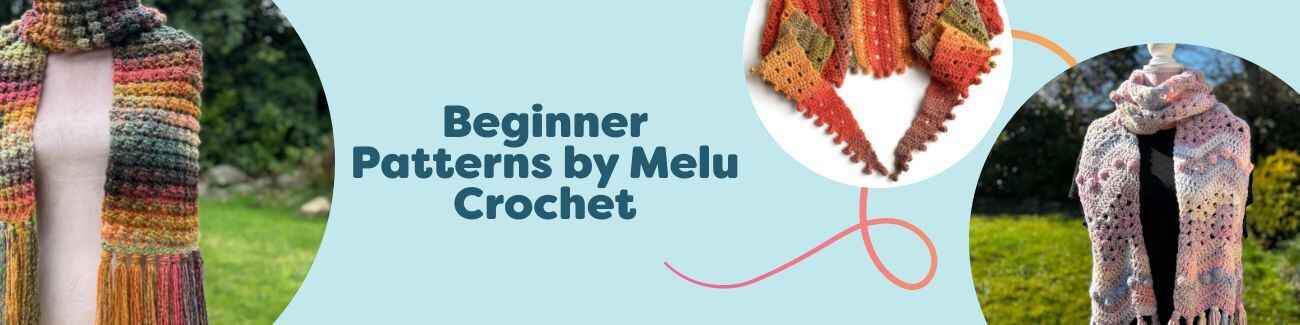 Collection image featuring beginner crochet patterns by Melu Crochet at Hobbii, with easy scarves and blankets styled for new makers.