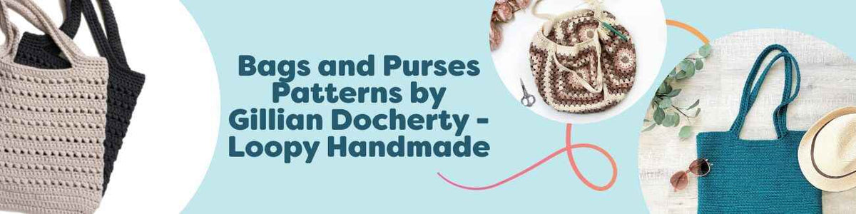 Collection of crochet bag and purse patterns by Gillian Docherty (Loopy Handmade) at Hobbii, featuring stylish tote bags like Jain and Loopy for everyday use.
