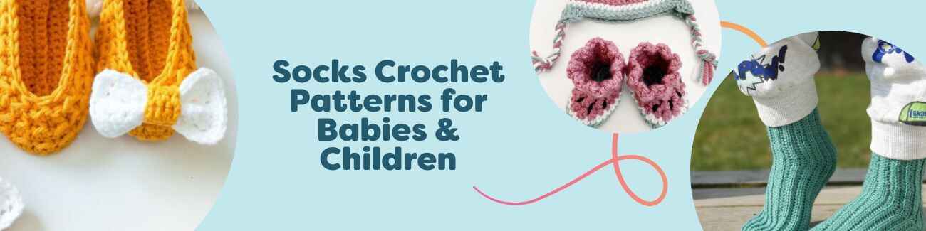 Assortment of baby and kids crochet sock, bootie, and shoe patterns from Hobbii shown in soft, cozy yarns.