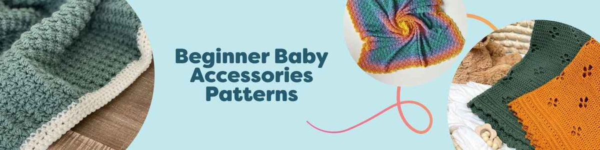 Beginner baby accessories patterns from Hobbii, showing soft crochet and knit blankets, hats, and booties in pastel yarns.