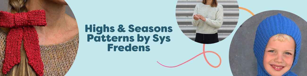 Collection of free knitting and intermediate crochet patterns by Sys Fredens, including hats, scarves, ponchos, and Christmas decor, shown in seasonal colors.
