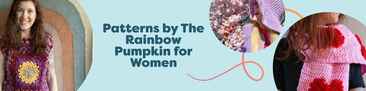 Collection image showing women’s crochet patterns by The Rainbow Pumpkin—bucket hats, scarf, sweater, and adult top—available at Hobbii.