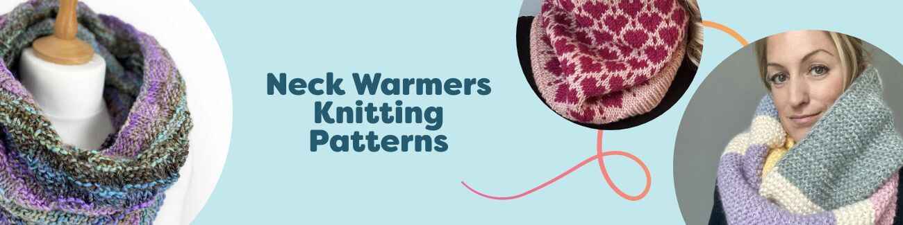 Knitted cowls, snoods, infinity scarves, and hoods in soft Hobbii yarn, showing varied stitches and colors for the Neck Warmers Knitting Patterns collection.