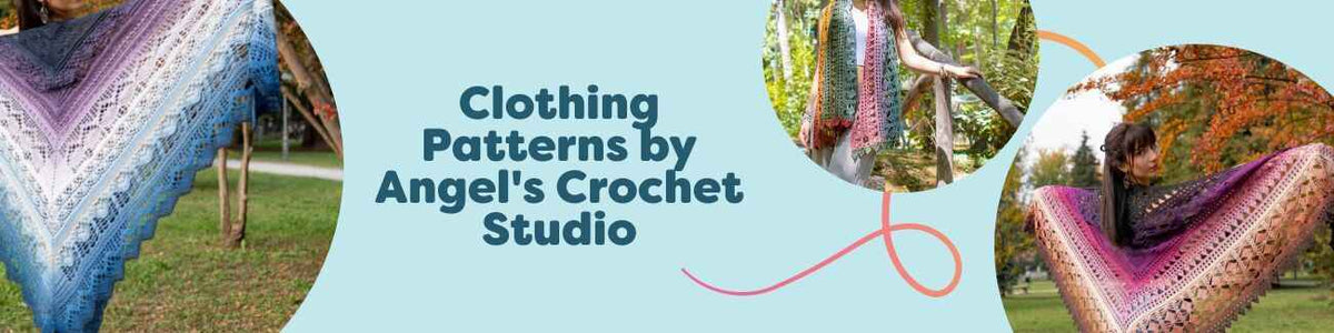 Crochet shawls and wearable garments by Angel's Crochet Studio on models; textured stitches and soft Hobbii yarn color palettes.