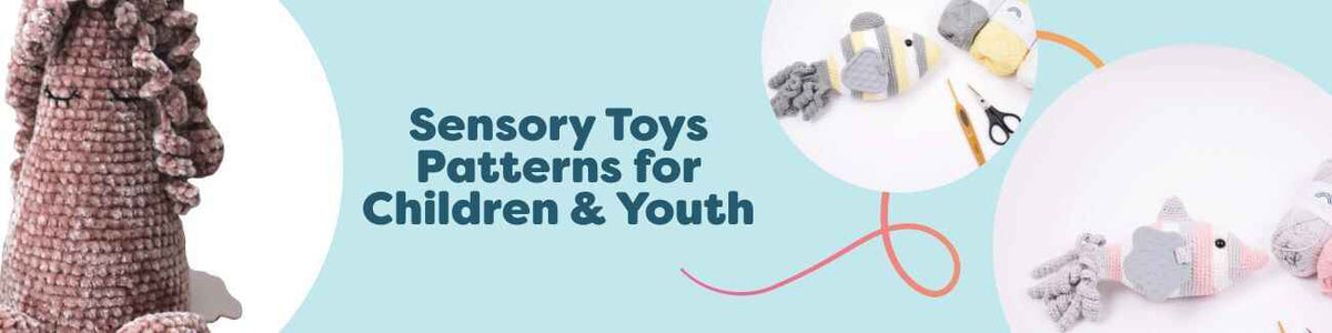 Assorted crochet sensory toy patterns for children and youth, including fish, cone, cube, and puzzle designs in colorful Hobbii yarns.