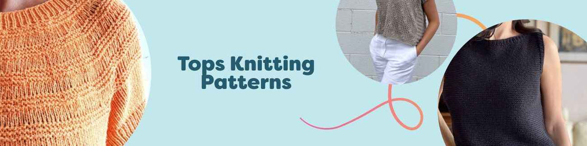 Assortment of knitted tops and T-shirt patterns from Hobbii, shown with yarn and swatches in summer shades.