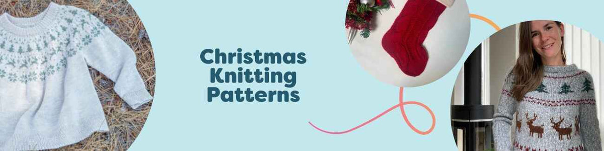 Christmas knitting patterns by Hobbii: festive sweaters, hats, stockings, and home decor in red, green, and cream yarns.
