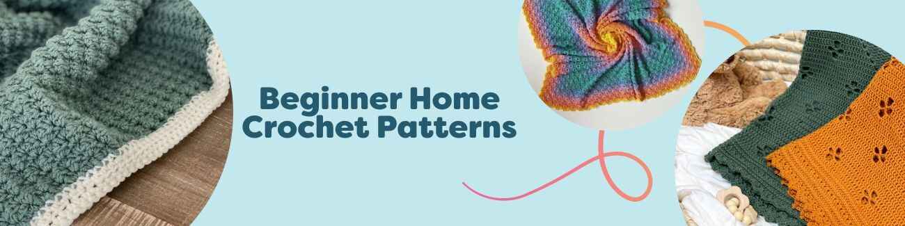 Beginner home crochet patterns: simple baby blankets and cozy throws on a sofa, with yarn skeins and a crochet hook from Hobbii.