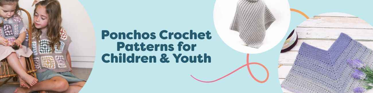 Collage of children’s and youth crochet poncho patterns from Hobbii, featuring textured stitches, fringes, and cozy yarns in sizes 2–14 years.