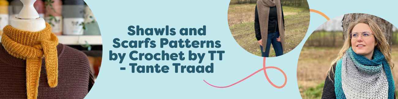 Collection of crochet shawl and scarf patterns by Crochet by TT (Tante Traad) at Hobbii, featuring Simple Scarf, Next Step Shawl, Diva Shawl with collar, and Winter Waves set displayed with soft yarn skeins.