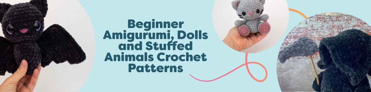 Collage of beginner amigurumi crochet patterns from Hobbii featuring cute dolls and stuffed animals, including a bat, kitten, otter friends, and a flamingo.