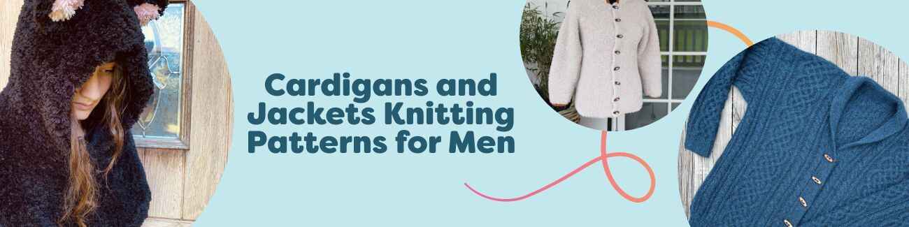 Models wearing hand-knit men's cardigans and jackets from free Hobbii knitting patterns, in neutral wool and cozy textures.