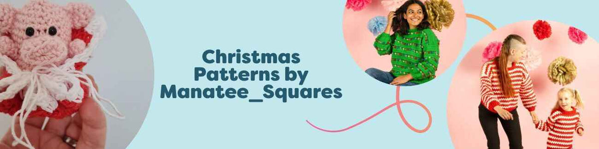 Christmas crochet patterns by Manatee_Squares—adult and kids sweaters (Candy Cane Stripes, Christmas Lights) and a Pig in a Blanket toy, shown with Hobbii yarn.