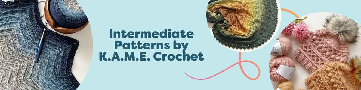 Selection of K.A.M.E. Crochet intermediate patterns from Hobbii, showing a shawl, baby blanket, and beanie made with soft yarn.