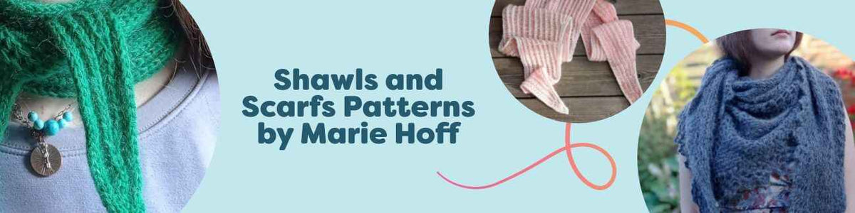 Assorted crocheted shawls and scarves designed by Marie Hoff, displayed flat with Hobbii yarn skeins.