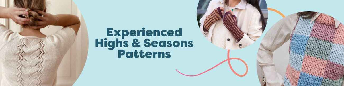 Assorted intermediate crochet patterns and advanced knitting projects for all seasons—tees, cardigans, fingerless mittens, vests, and ornaments by Hobbii.