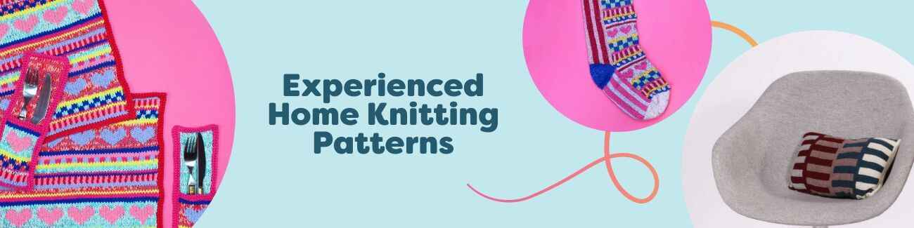 Free experienced home knitting patterns by Hobbii: Fair Isle dining set, pillows, cushions, Christmas stocking, and baby blanket.