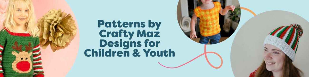 Children’s and youth knit and crochet patterns by Crafty Maz Designs, featuring a reindeer sweater, cardigan, beanie, and bucket hat in bright yarns.