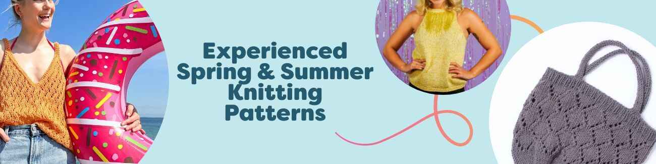 Collage of free experienced spring and summer knitting patterns: airy tops, a lightweight cardigan, and a small beach bag in cotton and bamboo yarns from Hobbii.