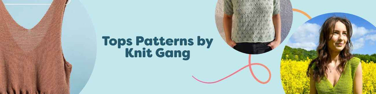 Knit Gang tops patterns from Hobbii: Marianne - Top, Harimau - T-shirt, and Celia - Wrap top shown as finished garments and PDF covers.
