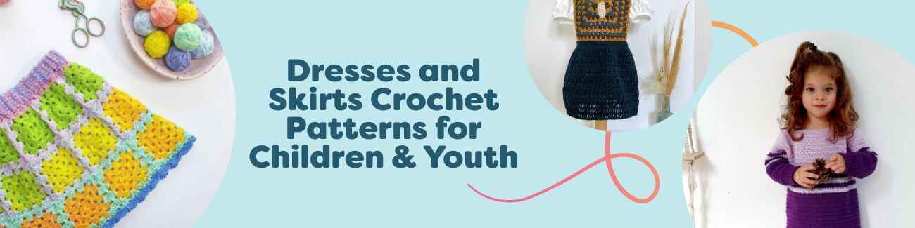 Collection image of crocheted children’s dresses and a skirt in bright colors, sized for kids and youth, from Hobbii free patterns.